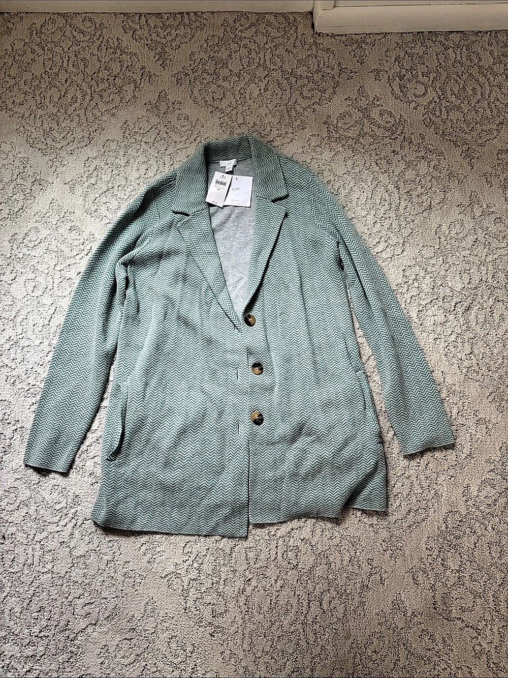 J. Jill Chevron Sweater-Jacket Blazer Green & White Medium NWT